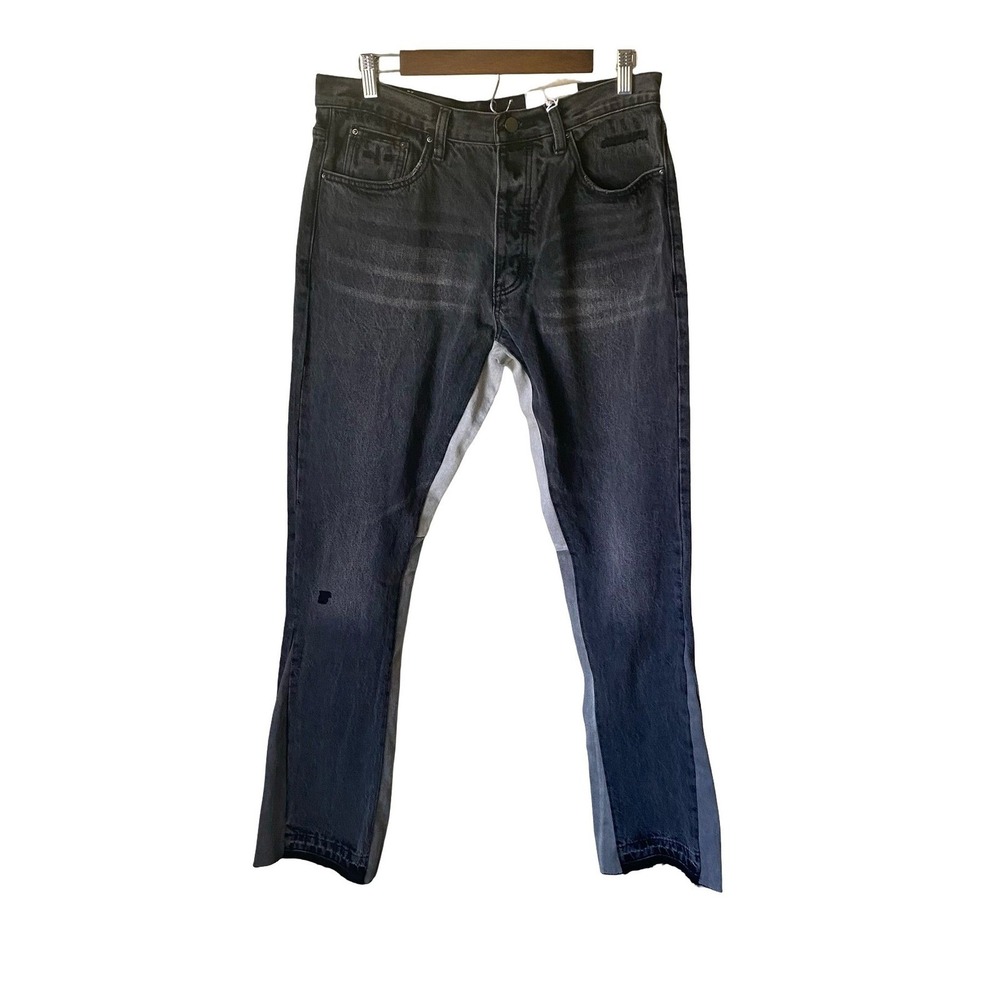 MNML Men's Jeans 32 Black Distressed Flare Raw Hem Punk Grunge Denim